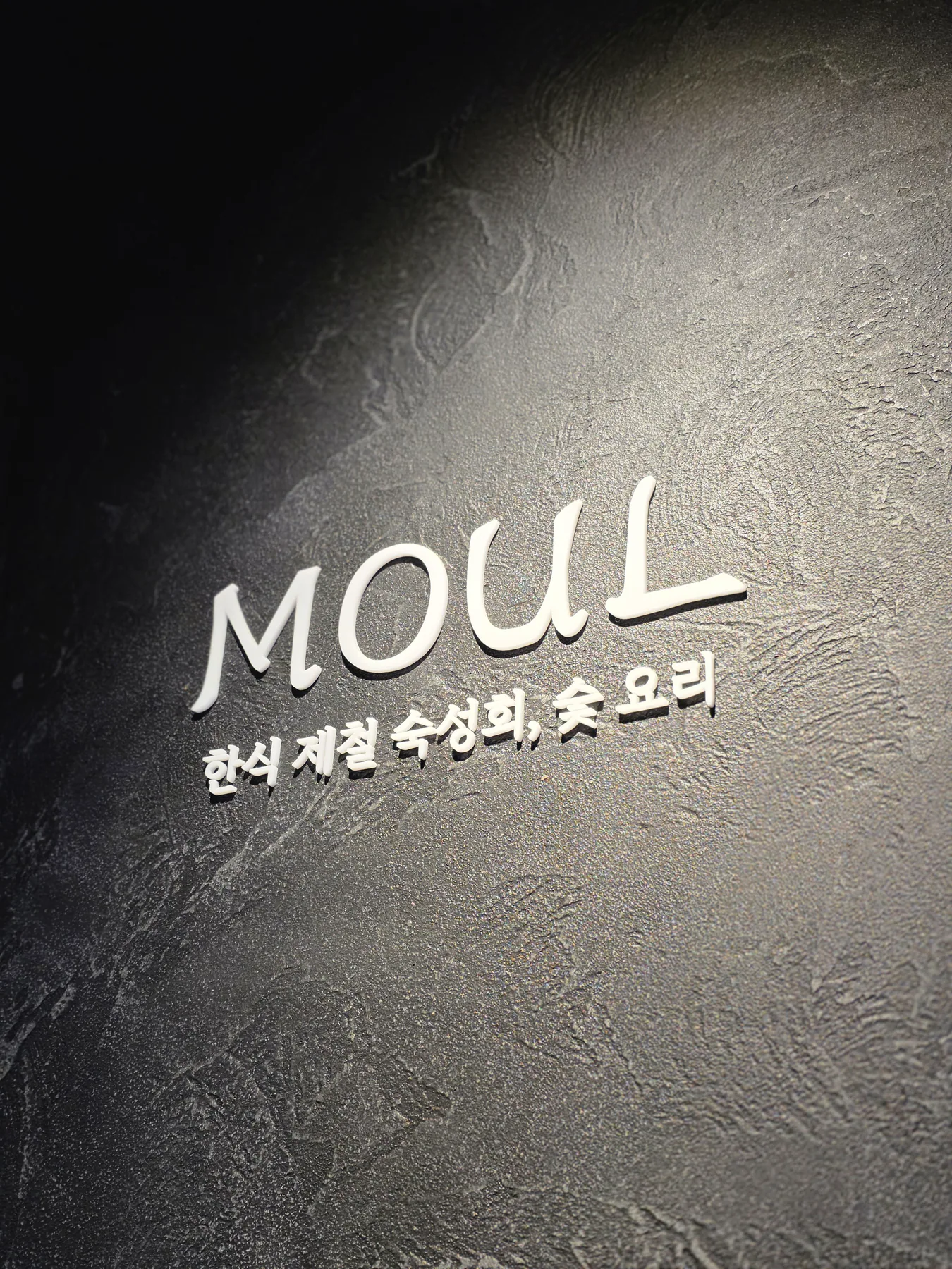 어두운 벽에 조명이 비친 모울 MOUL 로고