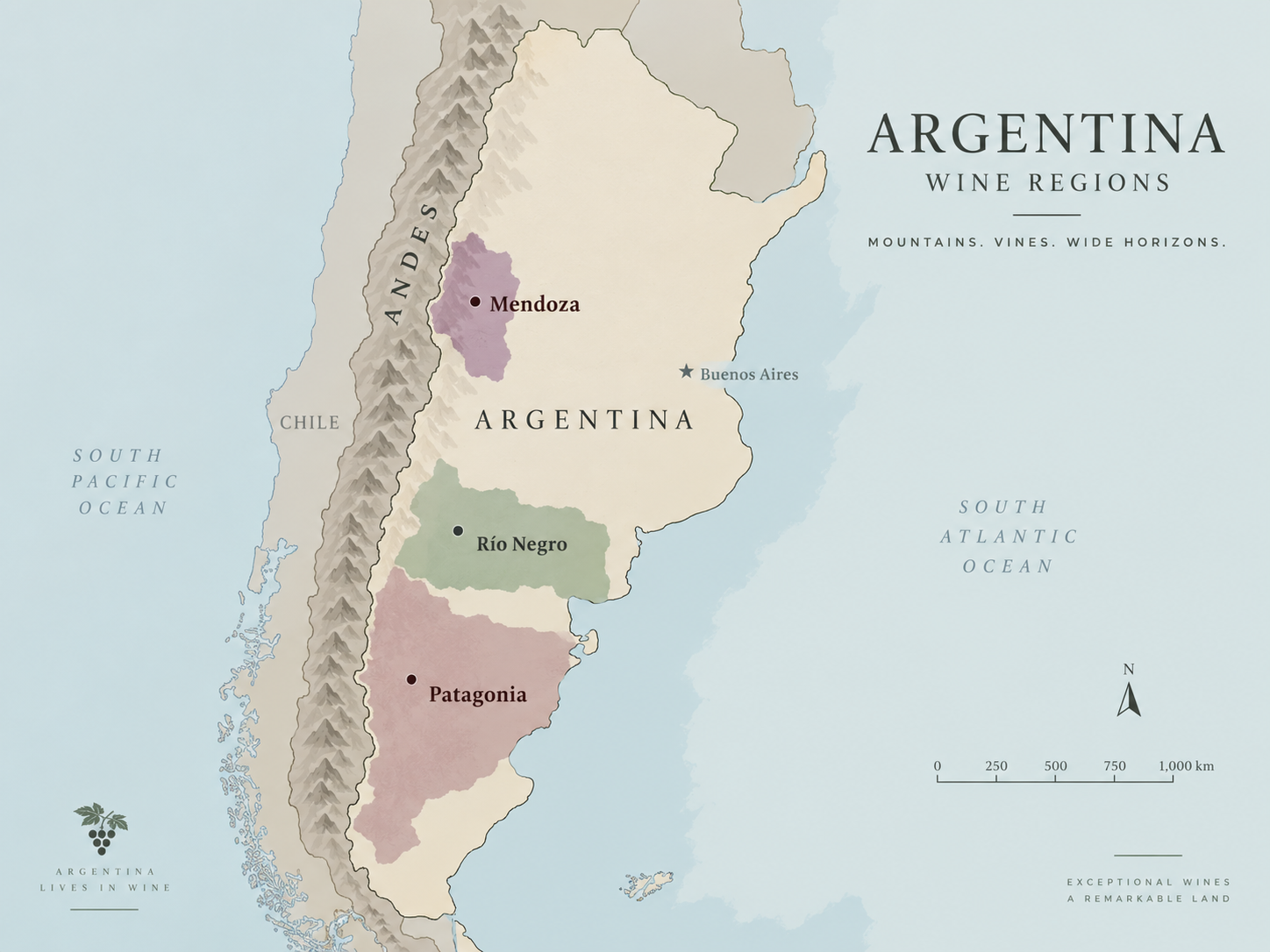 Argentina, Andes, Mendoza, Río Negro와 Patagonia의 지명을 소개하는 개념 이미지
